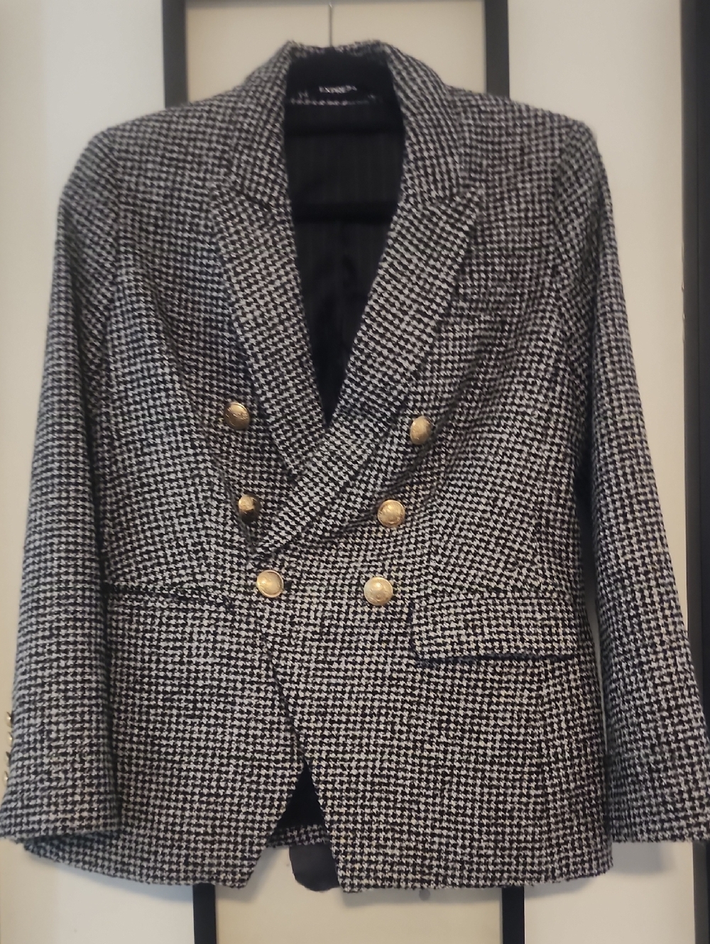 Express Double-Breasted Houndstooth Blazer - Black & White